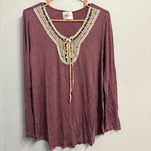 Ella Mara Womens Large Mauve Striped Lace Up Crochet V-Neck Long Sleeve Top New